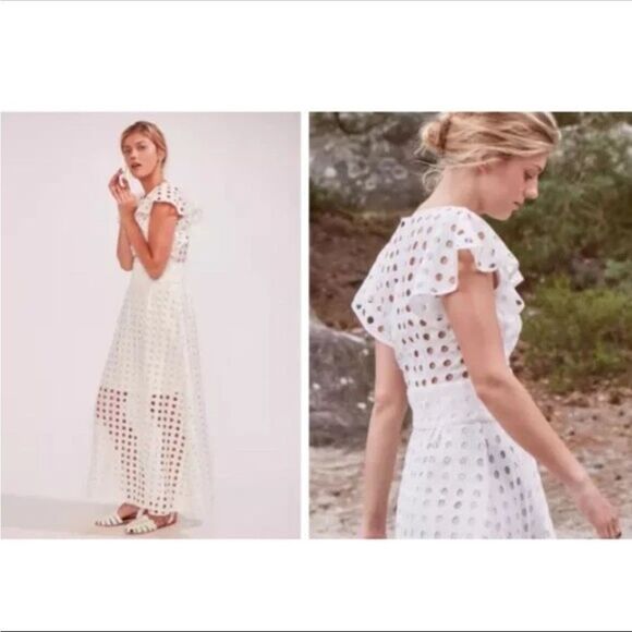 Anthropologie Antik Batik White Eyelet Flutter Sleeve Midi / Maxi Dress - 38 / S - Picture 14 of 14